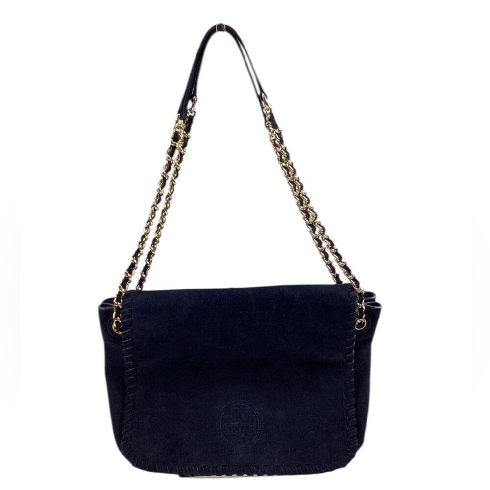 TORY BURCH NAVY SUEDE WHIPSTITCH FLAP SHOULDER BAG